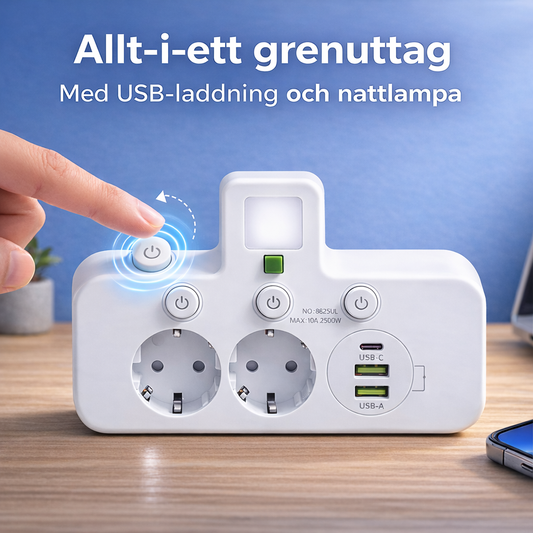 StrömHub™ – Allt-i-ett grenuttag med USB-laddning och mjukt nattljus