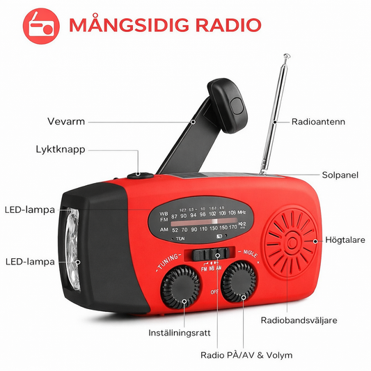 Nödradio™ – Multifunktionell soldriven nödradio med laddare
