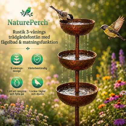 NaturePerch™ – Rustikt Fågelbad & Matningsstation i 3 Nivåer